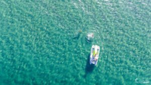 Deux plongeurs explorent des eaux turquoise près d'un bateau sous le soleil.