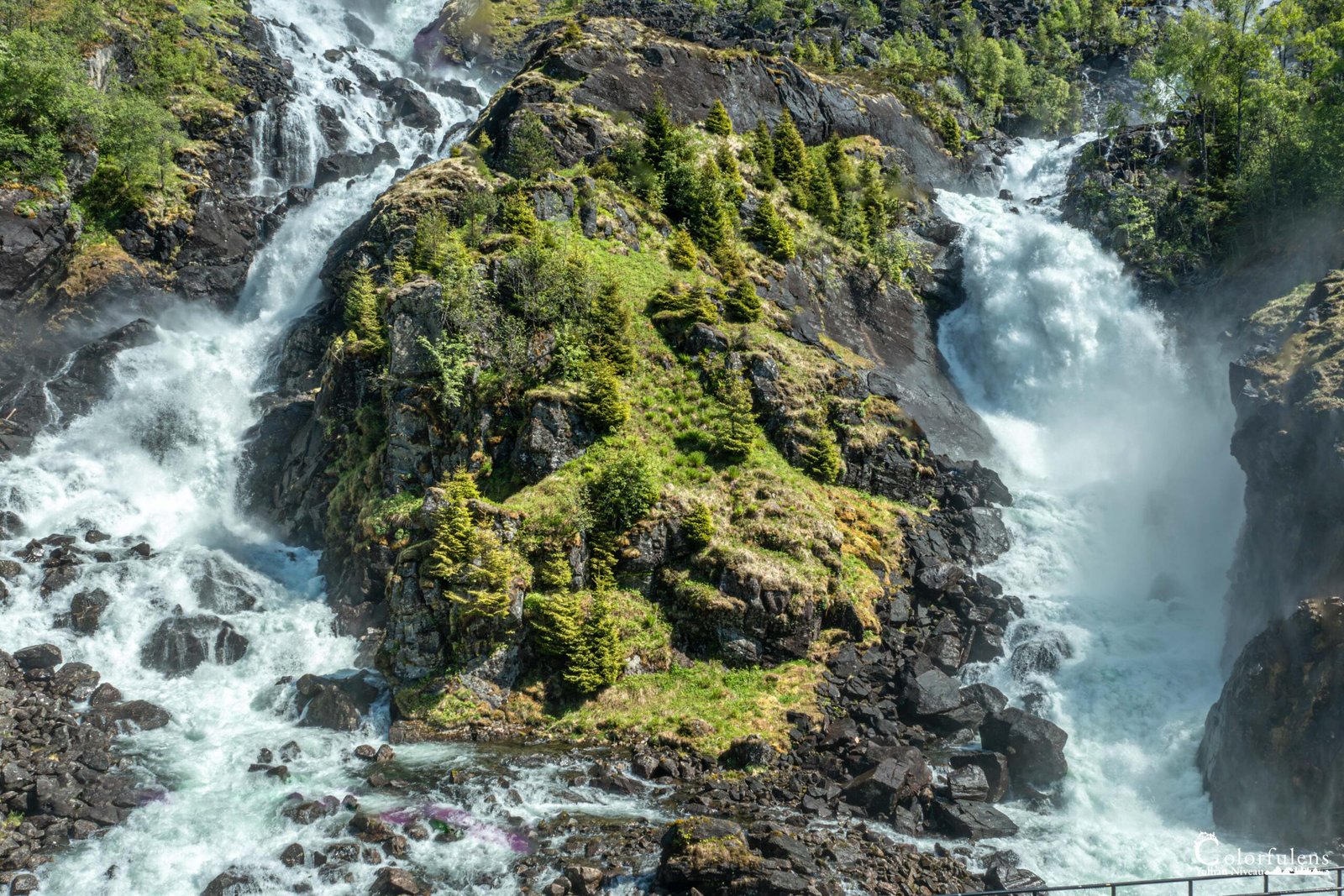 Cascade impressionnante dévalant une paroi rocheuse, contraste naturel entre puissance et tranquillité.