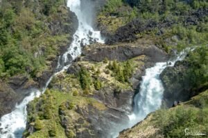 Spectaculaire cascade dévalant une paroi rocheuse entourée de sapins, illustrant la puissance de la nature.
