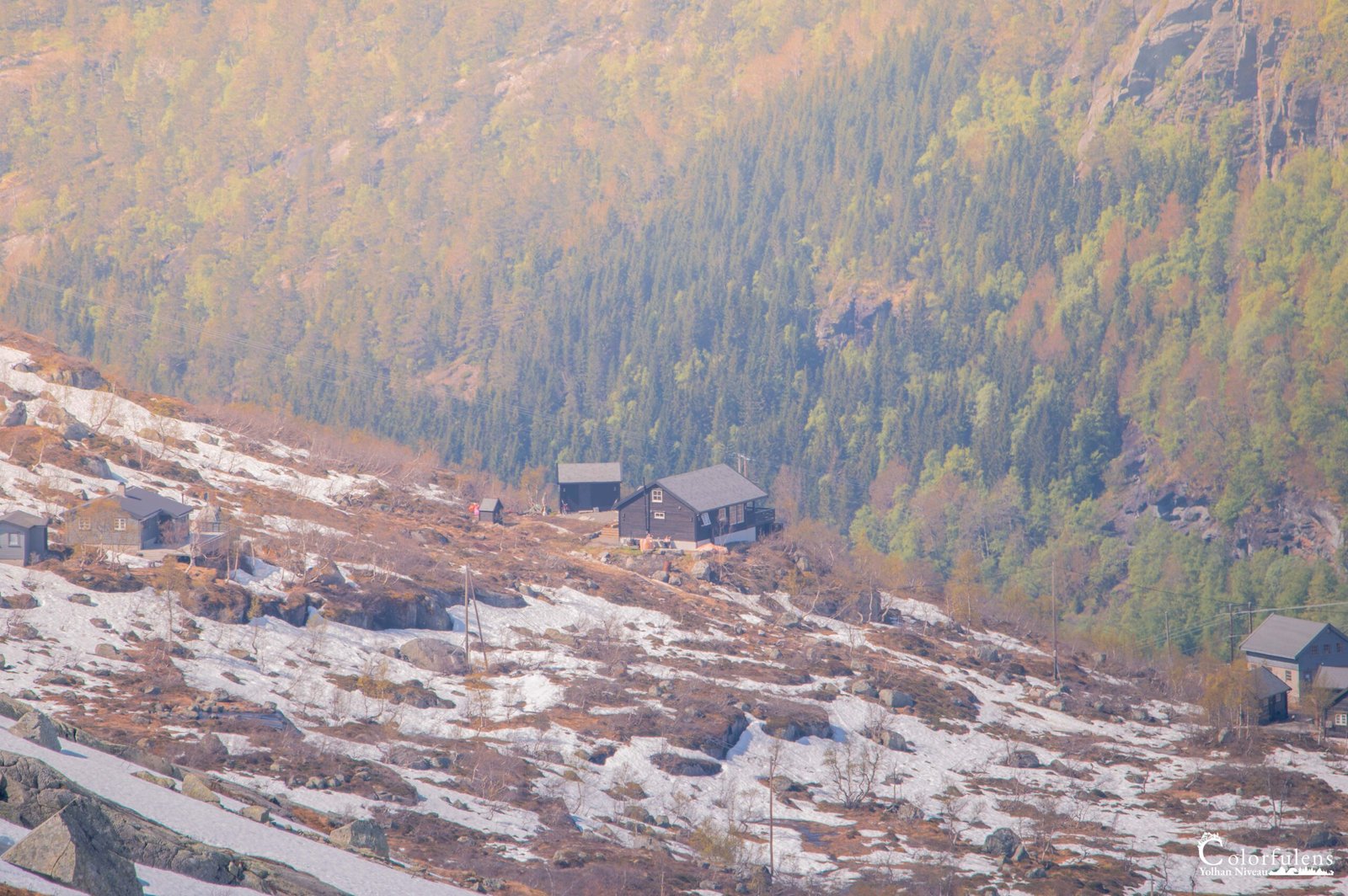 Image représentant des chalets en bois nichés dans les montagnes, entourés de neige résiduelle et de verdure printanière. Le cadre tranquille invite à l'évasion et à la contemplation paisible de la nature.