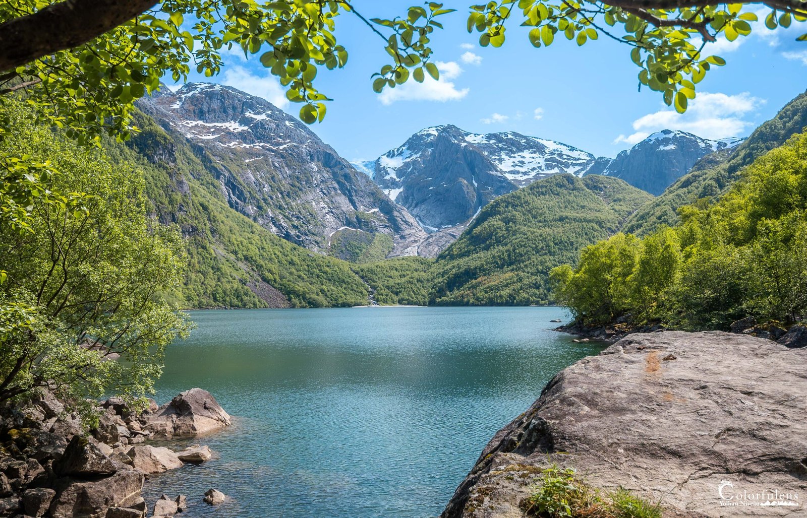 Paysage enchanteur de Norvège : lac serein entouré de montagnes majestueuses et verdure luxuriante.