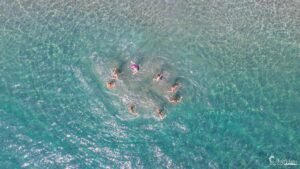 Vue aérienne d'une famille s'amusant dans une eau turquoise, représentant la détente estivale.