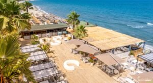 Une terrasse en bois sur une plage tropicale, ombragée par des palmiers, avec chaises longues et parasols blancs pour une détente optimale sous le soleil.