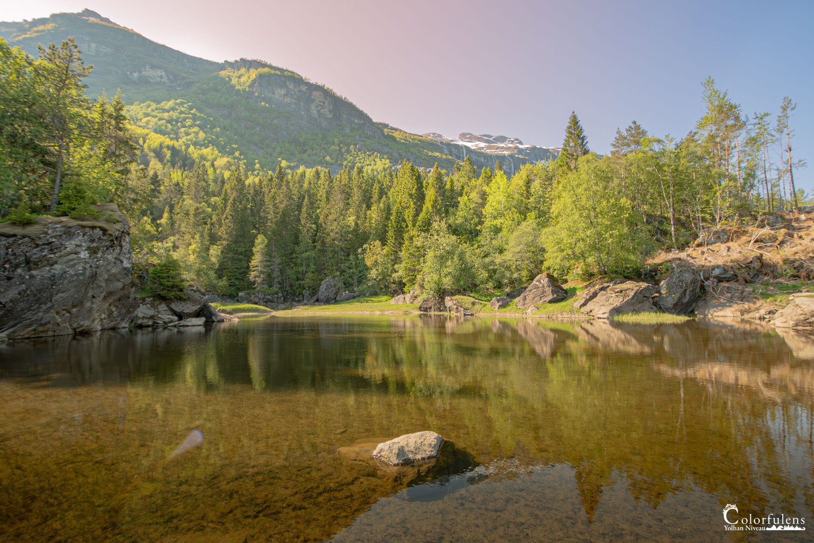 Reflet d'un paysage montagneux paisible sur un lac, baigné par la douce lumière du soleil couchant, mettant en valeur la verdure et la tranquillité.