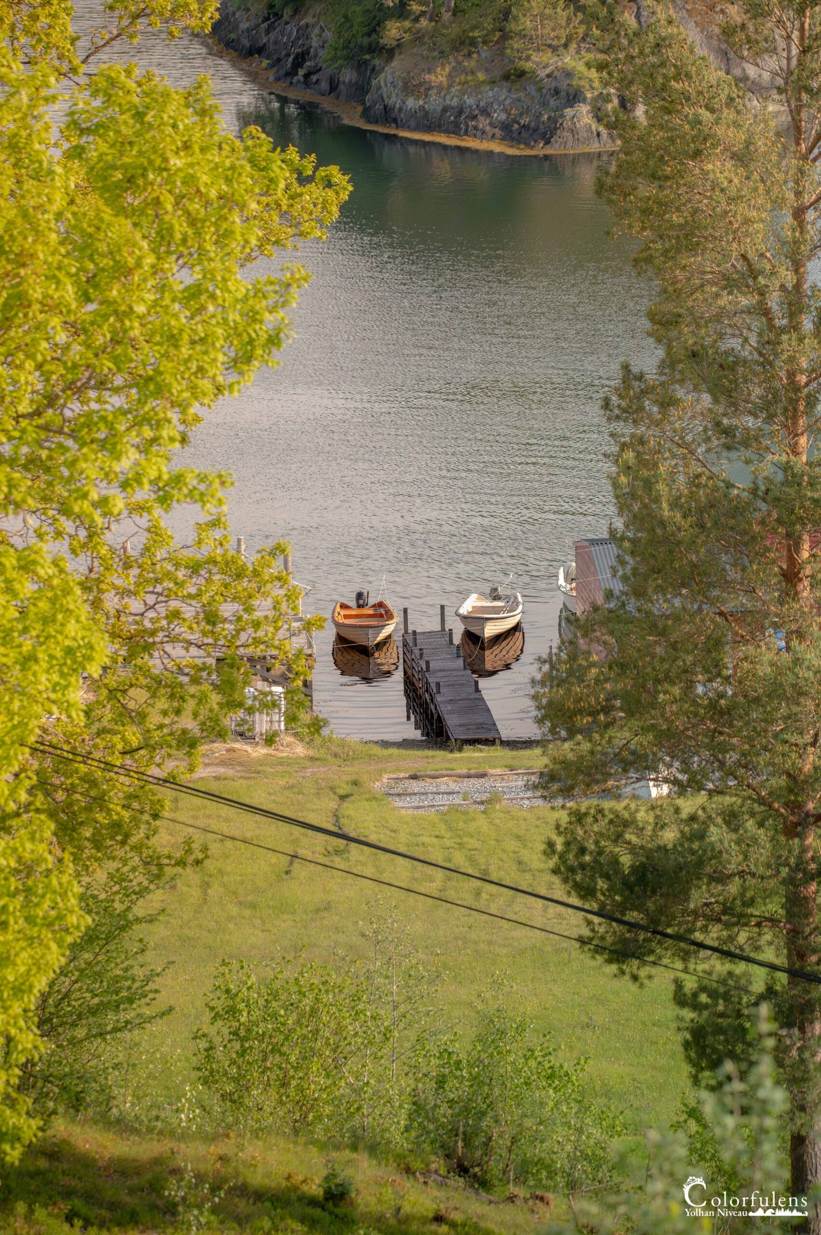 Paysage norvégien serein avec des bateaux amarrés sur un lac tranquille entouré de verdure luxuriante et d'arbres.