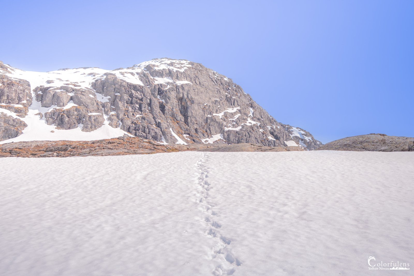 Sentier enneigé menant à des sommets sous un ciel bleu, soulignant la sérénité des espaces sauvages.