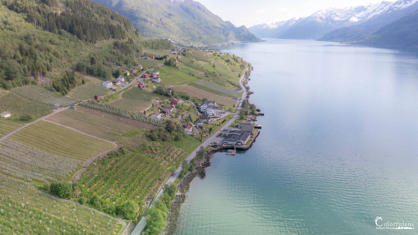 Un village tranquille se niche au bord d'un lac, entouré de montagnes imposantes et de vignobles verdoyants.
