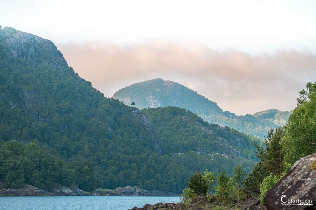 Paysage matinal avec un lac serein et montagnes brumeuses, enveloppés dans une atmosphère calme et réfléchissante.