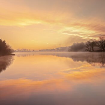 Image sereine d'une aube brumeuse avec reflets chatoyants sur un étang.