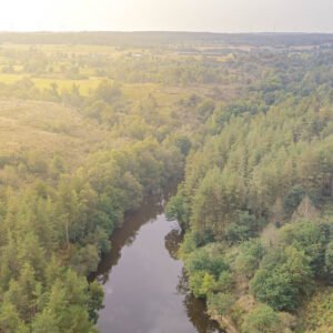 Vue aérienne d'une vallée forestière ensoleillée avec une rivière sinueuse, créant un paysage naturel préservé et harmonieux
