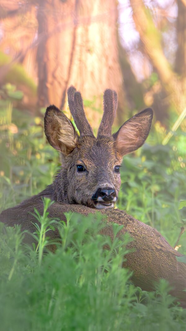 Un chevreuil se repose paisiblement dans une clairière baignée de lumière matinale, entouré de verdure.